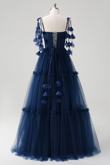 Tirantes de espagueti de línea A azul marino Flores Corsé Volantes Tul Vestido largo de dama de honor